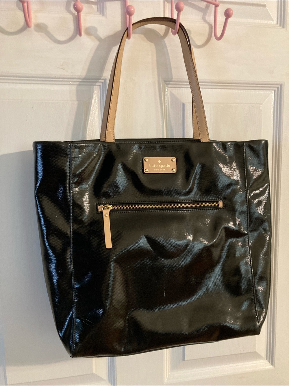 kate spade Black Patent Tote with Tan Handles and Gold Hardware